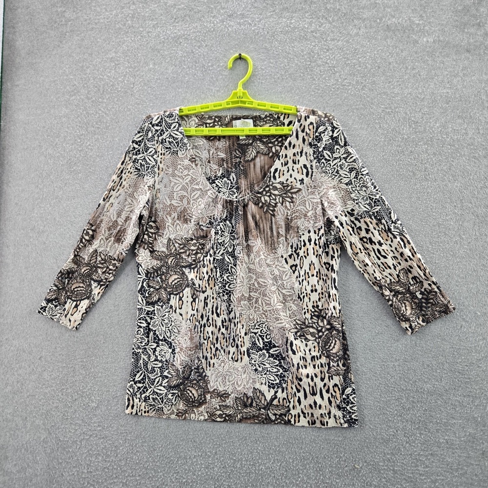 Chico's Women Blouse 2 Beige Animal Print Floral V-Neck Pullover